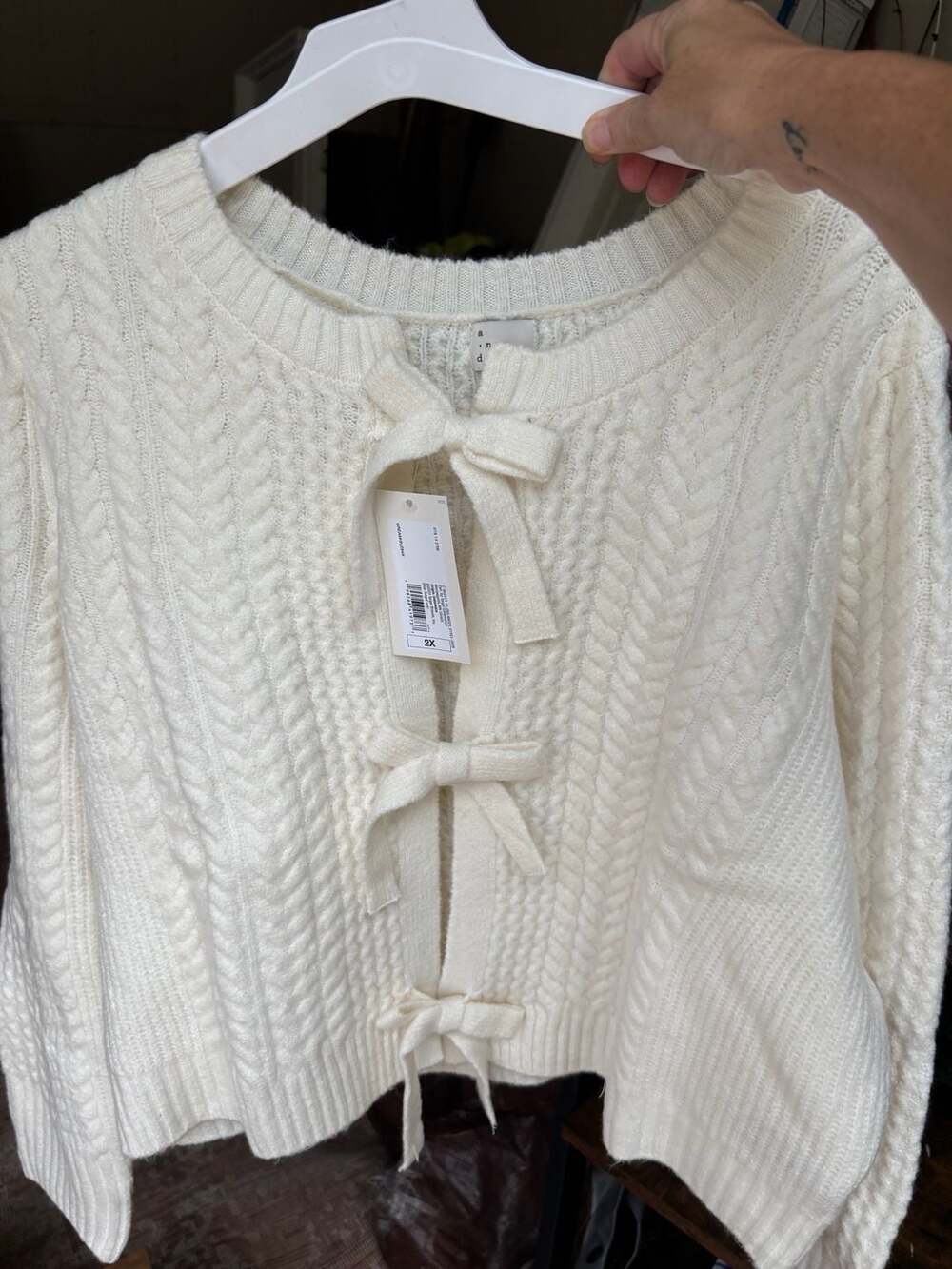 A New Day Bow Cardigan Sweater Size 2X Cream Cable Knit